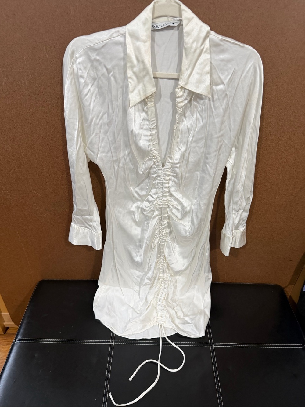Zara white satin V-Neck ruched effect dress L